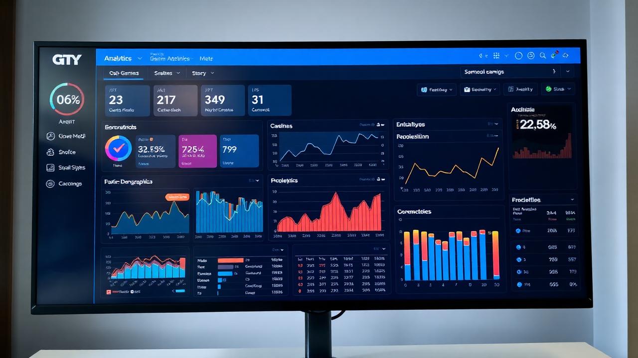 Gaming social media analytics dashboard with engagement graphs and audience demographics