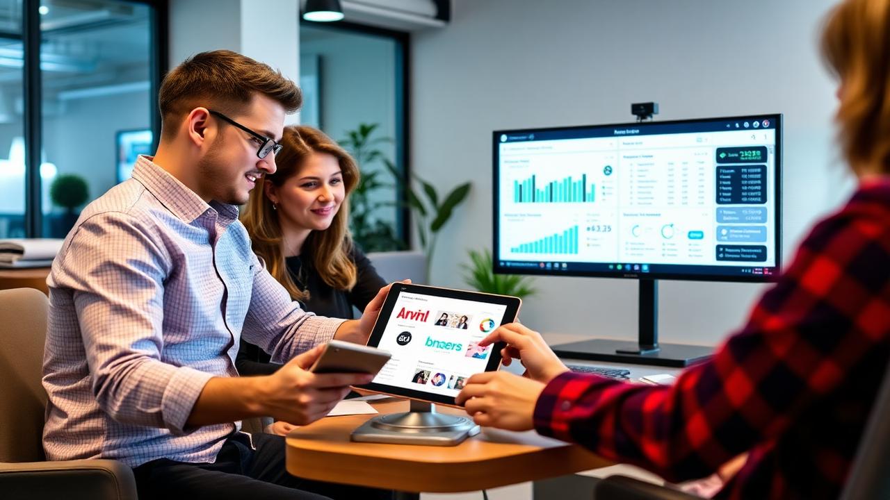 Marketing team reviewing gaming brand performance reports and KPIs on tablet