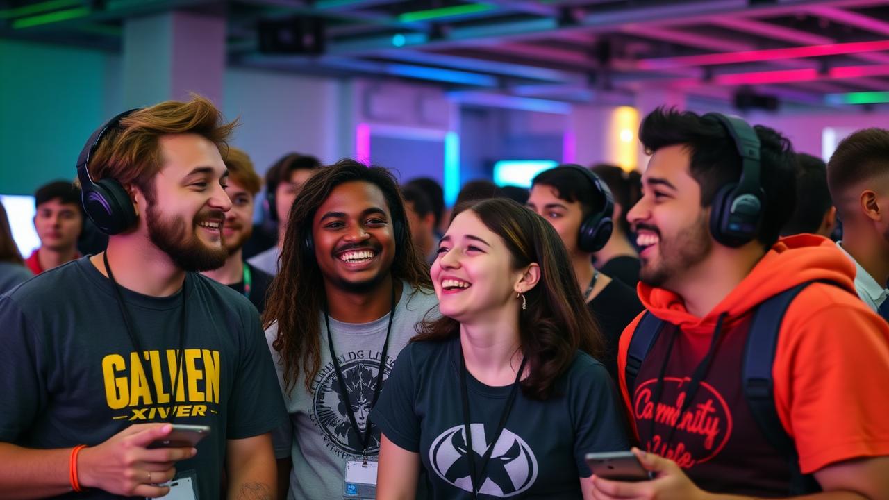 Gaming community meetup with diverse fans networking at an esports event
