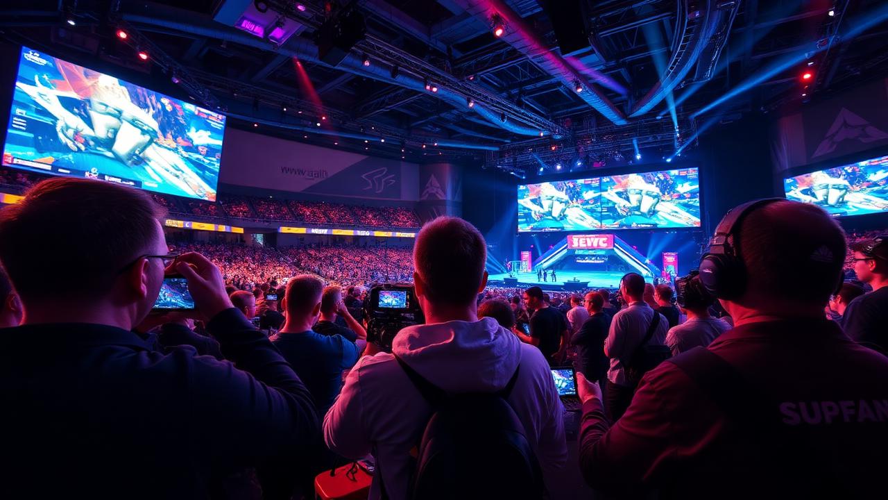 Esports tournament arena with fans filming on phones and LED screens showing matches