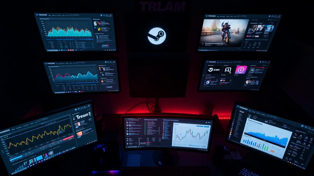 Multi-monitor gaming setup showing Steam charts, Twitch streams, and social media analytics