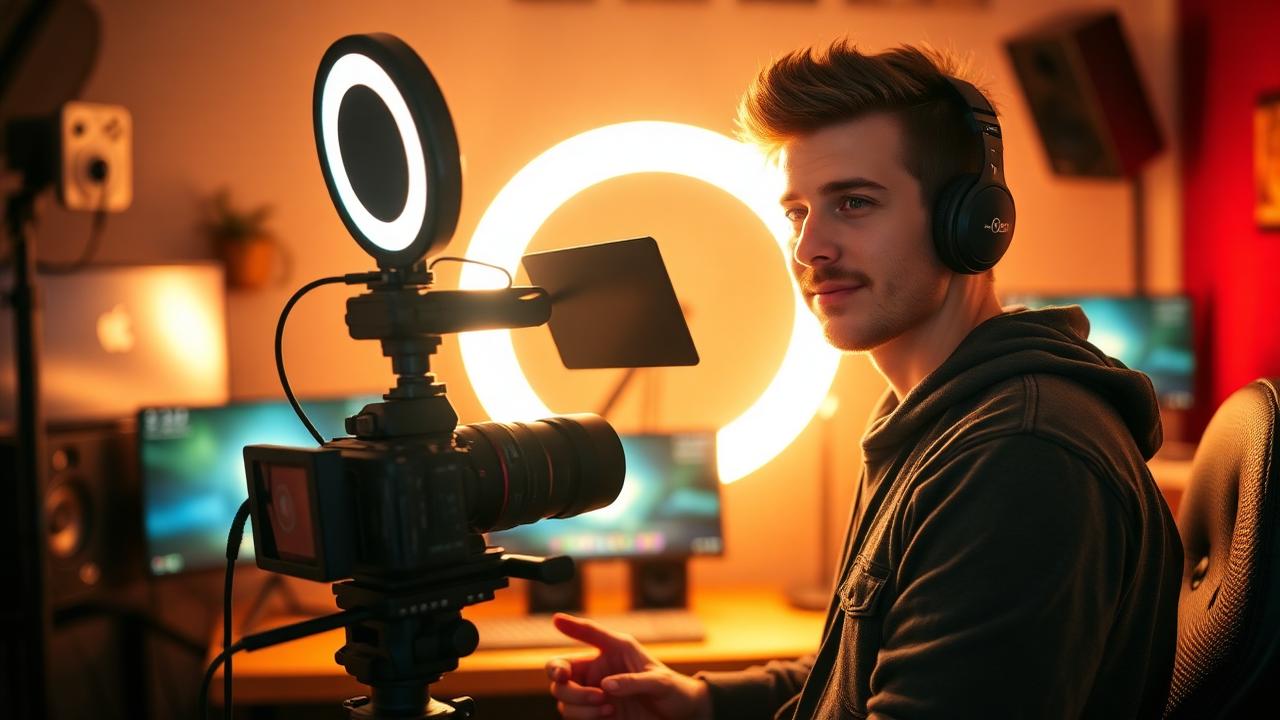 Gaming influencer recording content in professional creator studio with ring light