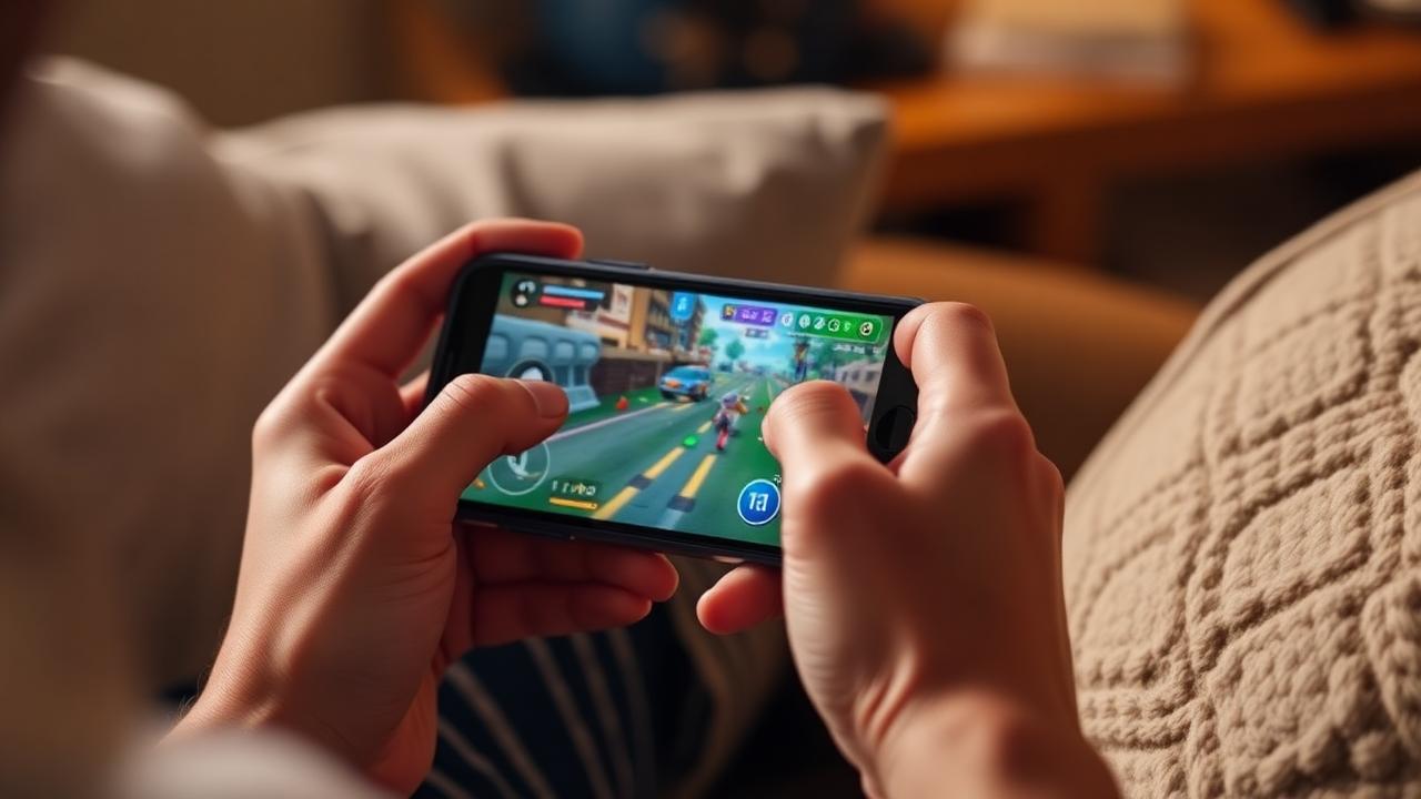 Person playing mobile game on smartphone in casual home setting