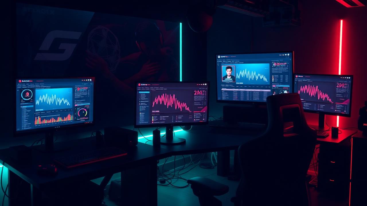 Gaming social media analytics dashboard showing engagement metrics across multiple monitors